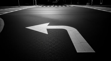 A Dramatic Monochrome Scene of Road Markings Guiding Direction at Night
