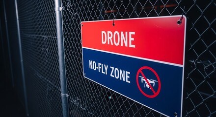 A Drone No-Fly Zone Sign On A Worn Metal Fence Warning of Restricted Airspace
