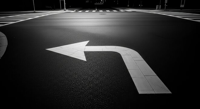 A Dramatic Monochrome Scene of Road Markings Guiding Direction at Night - Powered by Adobe