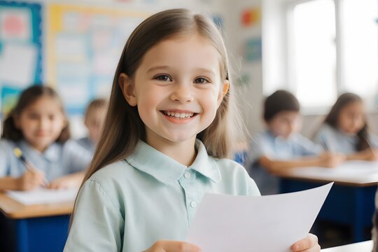 A young student reads a paper while standing in a classroom.