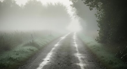 A Foggy Road Through Nature's Embrace Capturing The Mystery And The Allure Of The Unknown