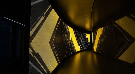 A Futuristic Hallway With Illuminated Panels And Geometric Patterns Is Presented