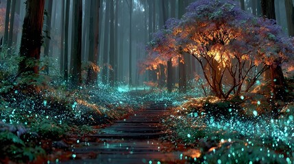 A glowing, enchanted tree illuminates a mystical forest path at night.