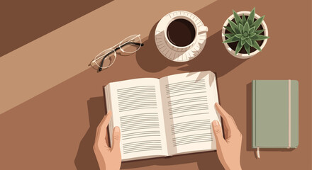 Minimalist Workspace Illustration with Open Notebook and Coffee