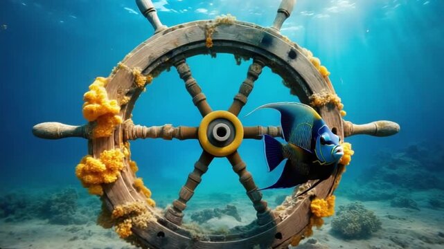 A queen angelfish swims through a ship wheel underwater with coral and sunlight shining through fish video