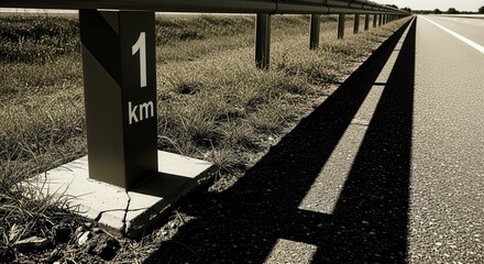 A Kilometer Marker Alongside A Highway, Depicting Long Shadows And The Path Ahead