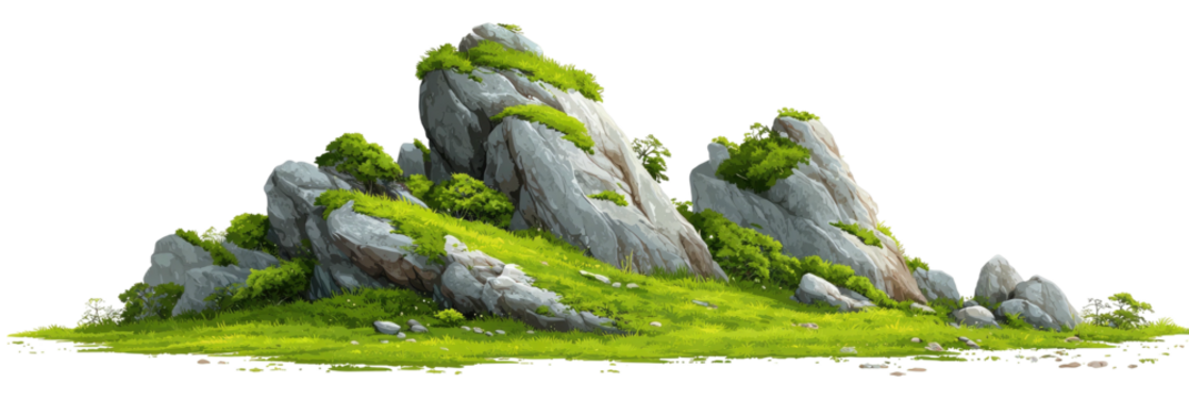 Rocky outcrop with green grass, moss, shrubs on a dark field