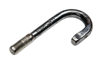 Hooked bolt silver metal, threaded end, against black