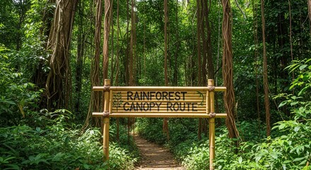 A Lush Rainforest Canopy Route in A Dense Tropical Jungle Setting with Bamboo Signage