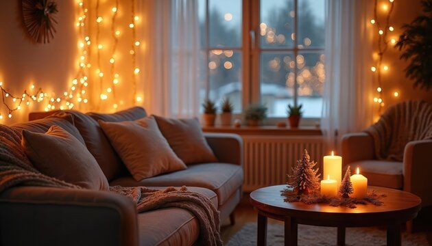 Cozy room with soft light garland and candles. Sofa with pillows, small table with decorations, window add winter mood. Home interior with simple decor creates warm ambience.