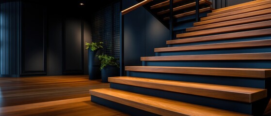 Obraz premium Modern Wooden Staircase and Dark Interior Design with Accent Lighting