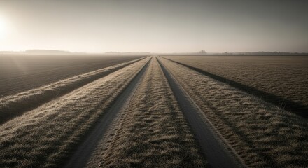A Misty Morning View of the Sunrise Over a Rural Pathway and Vast Expanse