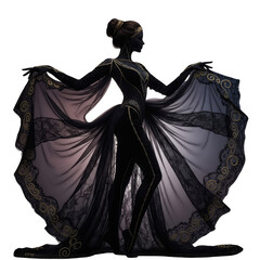 Naklejka premium Elegant Black Lace Gown With Gold Embellishments Worn By A Female Silhouette Against A Subtle Gradient Background