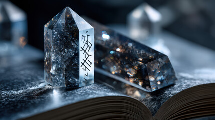 Magic crystal tower with metallic inclusions and runic engravings