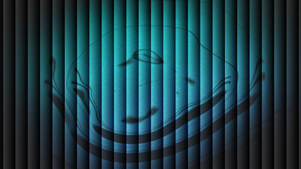 Distorted face behind vertical bars, mysterious blue texture