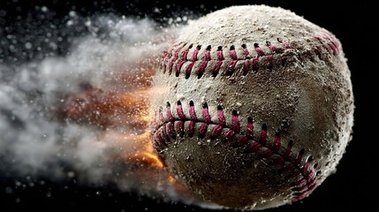 Flaming baseball blazing through black void, high-speed freeze, orange fire trail, isolated power sports poster or energy drink ad