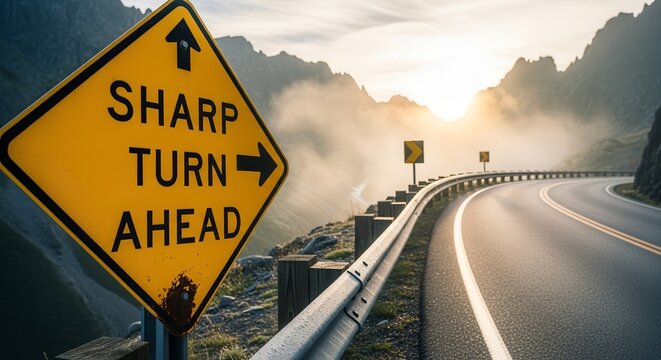A Road Sign Alerts Drivers To A Sharp Turn In A Scenic Mountainous Landscape