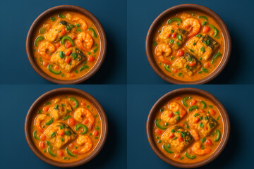 four Moqueca on Blue Background