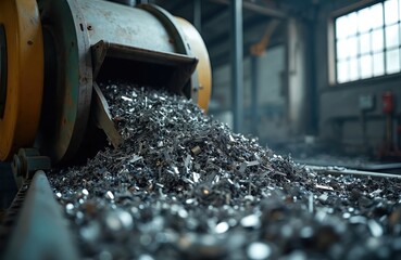Industrial metal shredder machine processes scrap metal. Conveyor belt transports recycled material in factory. Close up of steel shavings at plant. Metalworking industry sorts rubbish for waste