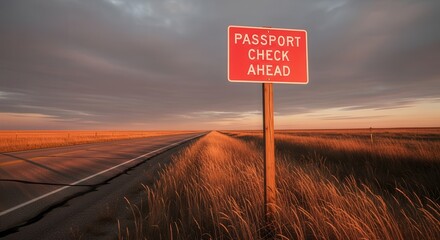 A Panoramic Shot Of A Road With A Passport Check Ahead Sign At Sunset