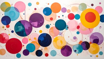 Colorful, abstract painting featuring overlapping circles and flowing lines on a white background