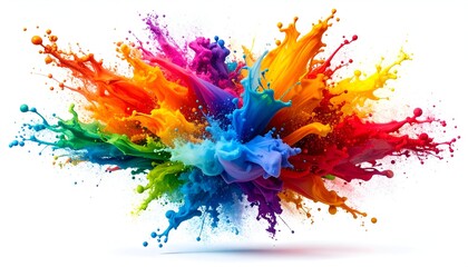 A vibrant explosion of colorful liquid paints bursting outwards against a white backdrop