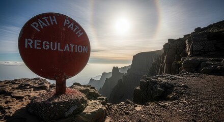 A Panoramic View Of Mountain Range With Path Regulation Sign And Clear Sky
