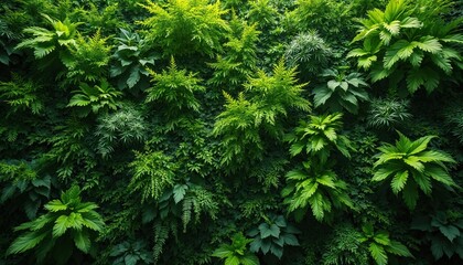 Dense green wall of foliage creates a vibrant vertical garden. Rich plants cover entire surface displaying natural beauty. This image represents sustainable design and biophilic architecture.