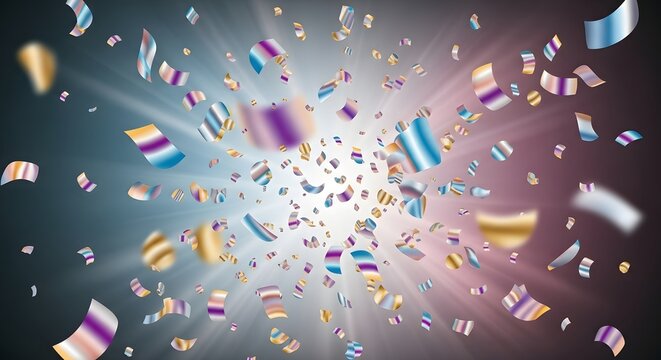 Bright confetti explosion with light rays on dark background for celebration