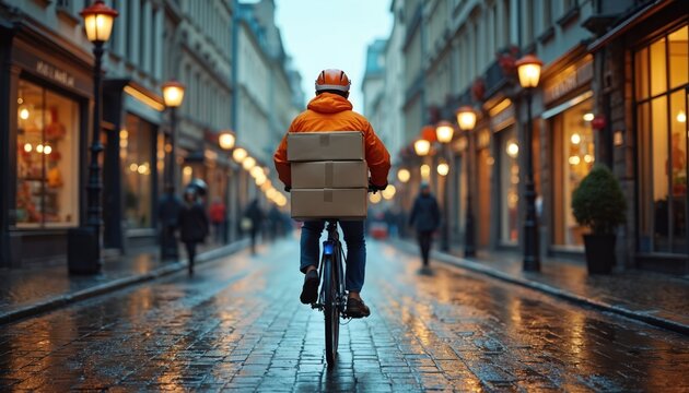 Courier rides bicycle with parcels on wet city street. Rider in orange jacket navigates urban lane past shops. Fast delivery service on rainy day, goods transport.