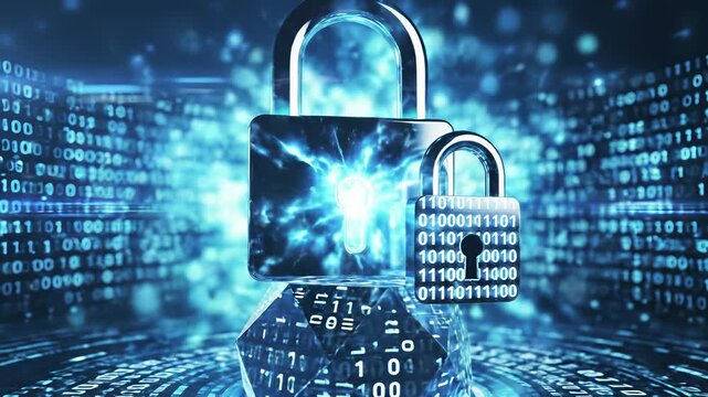 Cybersecurity concept emphasized through juxtaposition of physical padlock situated atop computer keyboard surrounded by digital landscape of binary code numbers perfectly suitable for.