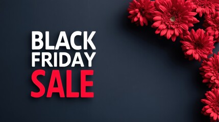 Black Friday Sale Banner with Red Flowers on Dark Background