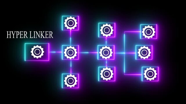 Neon Hyper Linker Network with Interconnected Gears on Black Background technology digital
