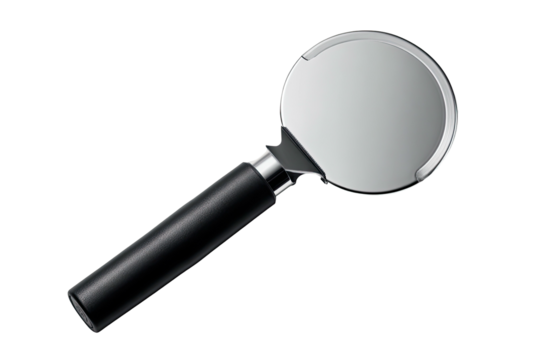 Magnifying glass, shiny metal and black handle, black background