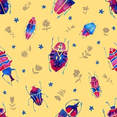 seamless pattern with flowers and bugs