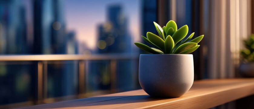 Modern Potted Succulent Plant on Wood, Overlooking City at Dusk - Powered by Adobe