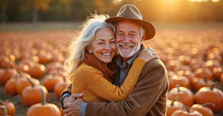 Elderly couple hugs on pumpkin patch field during sunny autumn afternoon. Happy mature seniors smile embracing warmly, enjoying fall season harvest outdoors together.