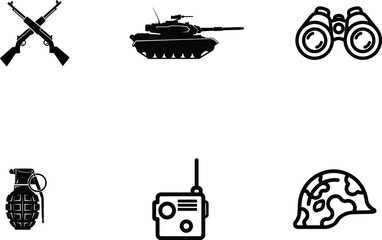 Military Equipment and Warfare Vector Illustration Featuring Tank Rifles Binoculars Grenade Radio Helmet representing Readiness Defense Tactical Operations Security and Armed Forces Capabilities