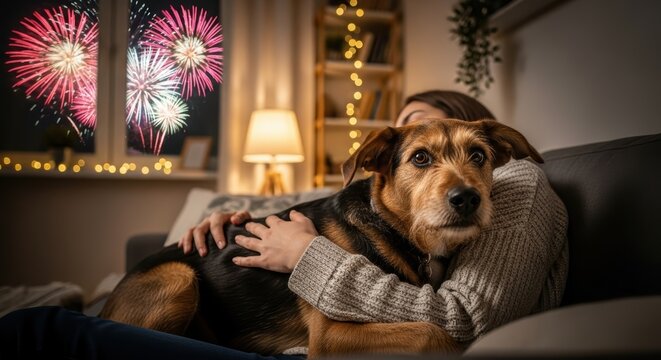 Woman hugging her dog on the couch watching fireworks through the window at night in a cozy living room