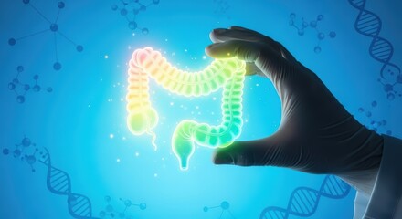 Hand holding a glowing colon against a blue background with dna helixes and molecular structures