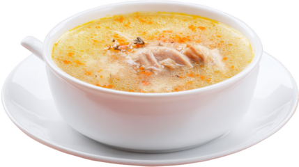 A comforting bowl of hot chicken soup brimming with tender chicken pieces, diced carrots, and savory herbs