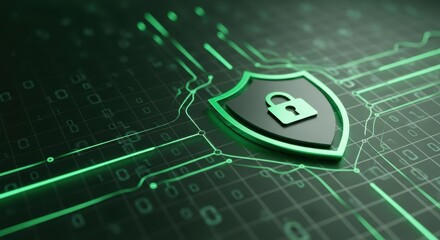 A digital security shield with a padlock on a green circuit board and binary code background design
