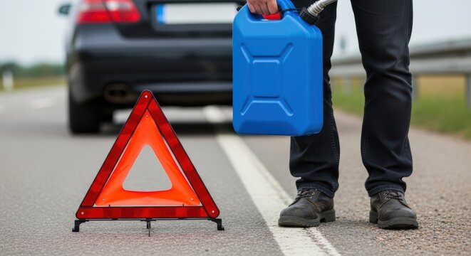Man holding fuel can near warning triangle and car on roadside after breakdown or running out of gas - Powered by Adobe