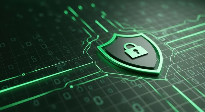 A digital security shield with a padlock on a green circuit board and binary code background design
