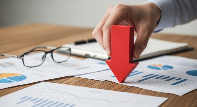 A red arrow points down on a table with charts and glasses, indicating financial decline and loss