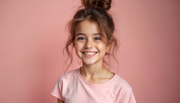 Happy young girl with messy hair bun smiles brightly. She wears a pink t-shirt against a soft pink background. Casual, cheerful portrait with copy space. - Powered by Adobe