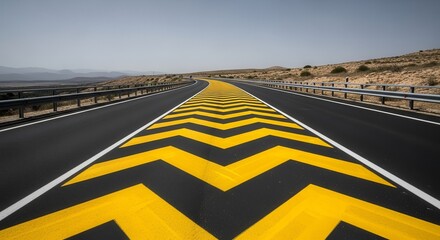 A Winding Highway With Dynamic Chevron Markings Leading Into A Distant Horizon