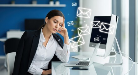 Woman in business attire looks stressed with email icons floating around her computer screen at her desk