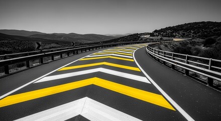 A Winding Road with Directional Markings Under a Black and White Sky