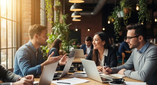 Business team collaborating at a table with laptops in a bright and modern office space setting indoors